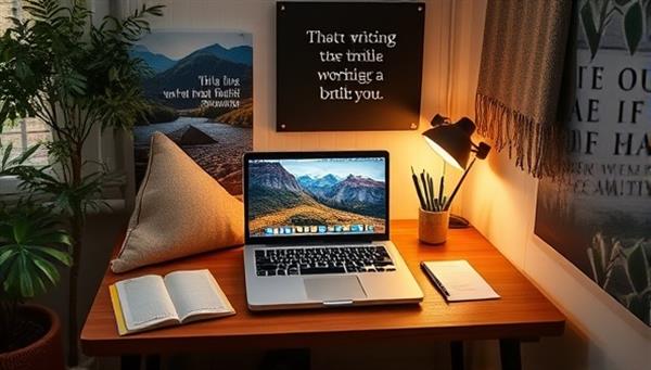 A digital workspace setup with a laptop, notebooks, pens, and a cozy writing nook, surrounded by virtual nature backgrounds and inspirational quotes, creating a serene and focused retreat atmosphere.