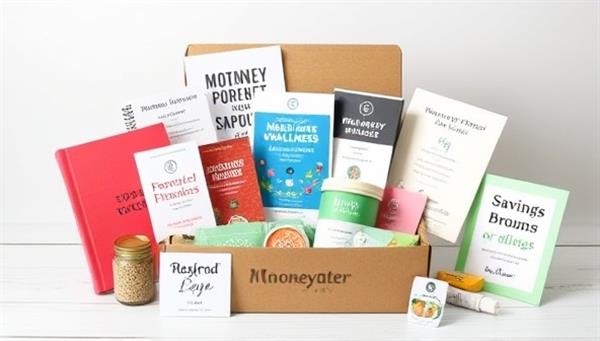 A visually appealing MoneyMatters Crate subscription box design with financial journals, wellness products, savings challenges, and inspiring quotes, creating a sense of anticipation and self-improvement in financial and personal well-being with each delivery.