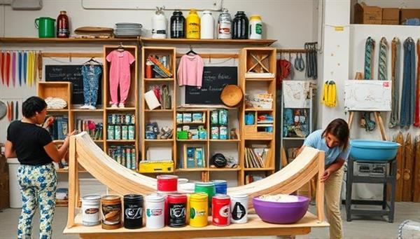 A dynamic workshop scene with participants upcycling construction waste materials into artistic creations, surrounded by colorful tools, paint cans, and finished upcycled pieces displayed in a stylish setting, embodying the spirit of sustainable creativity.