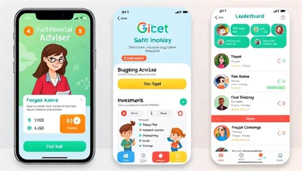 A colorful and interactive mobile app interface featuring a virtual financial advisor guiding users through budgeting exercises, goal-setting activities, and investment simulations, a diverse group of users engaging in friendly financial challenges and competitions, and a leaderboard showcasing top performers, creating a vibrant and competitive financial learning environment.