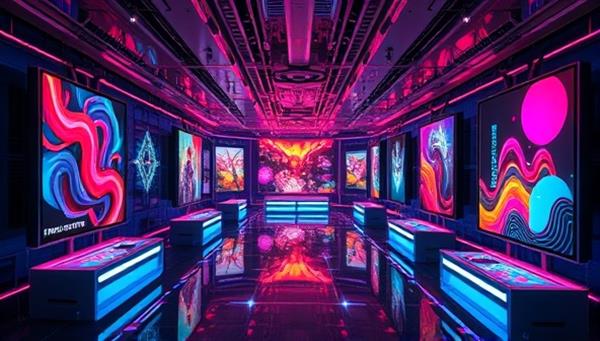 An immersive digital art gallery showcasing vibrant NFT artworks displayed on virtual screens, surrounded by futuristic elements and interactive features, symbolizing the innovative and creative environment of ArtVolve Gallery in the digital art world.