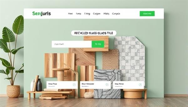An online marketplace homepage mockup showcasing a variety of sustainable building materials, including reclaimed wood, recycled glass tiles, and energy-efficient insulation options, inviting users to explore eco-friendly construction solutions in a digital environment.