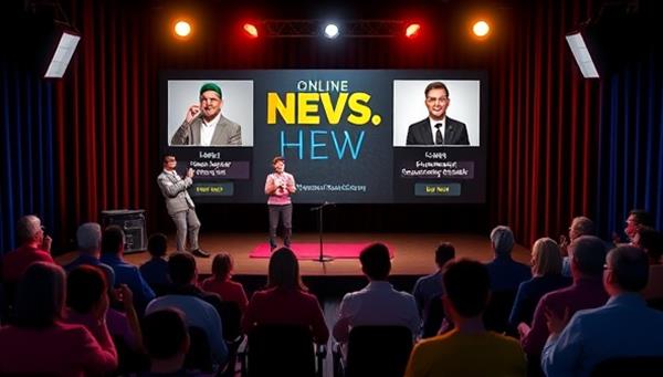 An online comedy club setting featuring a virtual stage with comedians performing, a chat section for audience interaction, and a lively audience of avatars laughing and clapping, creating a fun and engaging virtual comedy experience that captures the essence of live stand-up comedy.