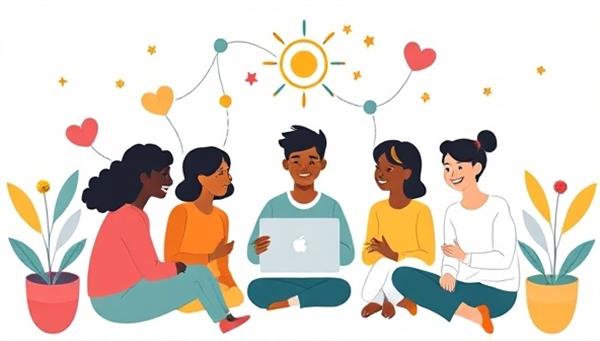 An uplifting digital illustration depicting diverse individuals connecting virtually in a support group setting, sharing experiences and resources, with symbols of strength and unity woven into the design to convey a sense of solidarity and empowerment within the chronic illness community.