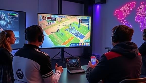 An expert gamer providing personalized coaching to a group of players in a virtual training environment, demonstrating strategies and techniques on a digital screen while engaging with the participants, creating an immersive and interactive coaching experience.
