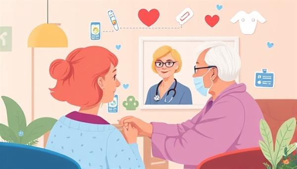 A heartwarming digital illustration showing a virtual caregiver engaging with a senior over a video call, surrounded by icons representing healthcare, companionship, and emotional support, creating a sense of connection and care for the elderly.