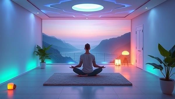 A serene virtual meditation room with calming visuals, peaceful music, and a mindful meditation guide leading a session, surrounded by elements of nature and relaxation, creating a tranquil and immersive mental wellness retreat experience.
