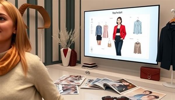 An AI-powered style consultation session with a virtual stylist presenting outfit suggestions on a digital screen, surrounded by fashion magazines and accessories, creating a chic and tech-savvy atmosphere that embodies the essence of StyleBot AI.