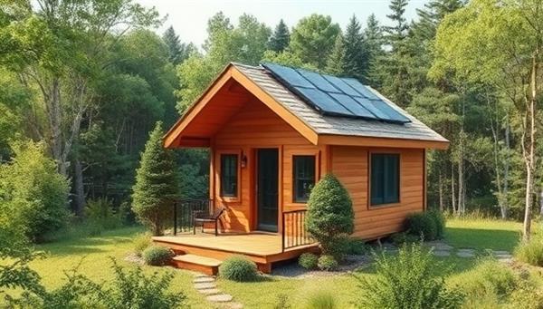 A serene natural setting with a beautifully crafted tiny home surrounded by lush greenery and solar panels on the roof, showcasing the harmonious blend of sustainability and modern living.