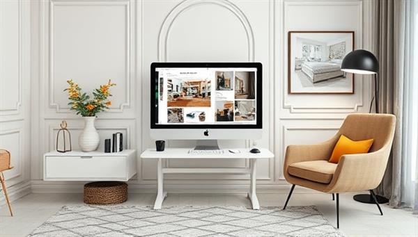 An elegant virtual design studio setup with a sleek computer workstation displaying 3D room renderings, mood boards, and design sketches, surrounded by stylish decor elements and a cozy armchair, reflecting a blend of technology and creativity in interior design.