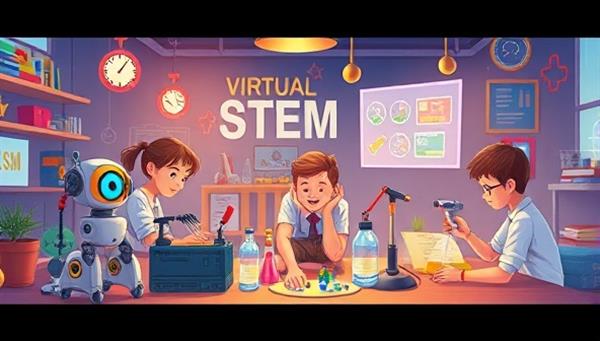 An imaginative illustration of a virtual STEM workshop with kids building robots, conducting experiments, and collaborating on a digital platform, capturing the essence of hands-on learning and creative exploration.