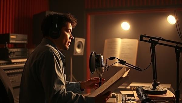 An evocative visual representation of a storyteller recording in a professional studio, surrounded by sound equipment and a script, with a microphone capturing the essence of storytelling through audio, symbolizing immersive experiences and captivating narratives in the digital realm.