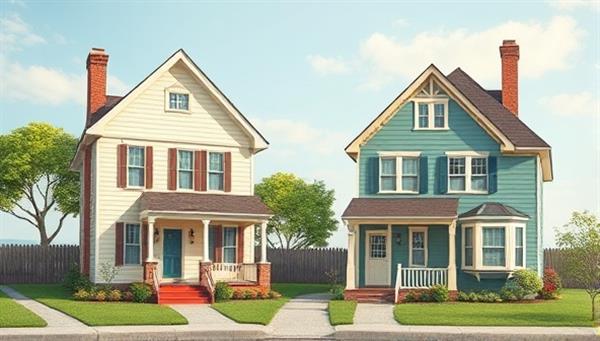 An artistic representation of two neighboring houses swapping places, showcasing the concept of neighborhood property exchanges and the unique travel opportunities offered by SwapHomes in a whimsical and eye-catching manner.