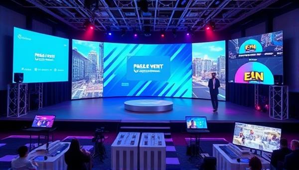 A virtual event setup with a digital stage, interactive audience engagement features, and a variety of themed virtual backgrounds, showcasing the versatility and creativity of virtual event planning on the platform.