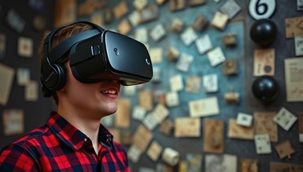 An engaging visual of a player wearing a VR headset, completely immersed in a virtual escape room environment filled with puzzles and clues, showcasing the excitement and challenge of the experience.