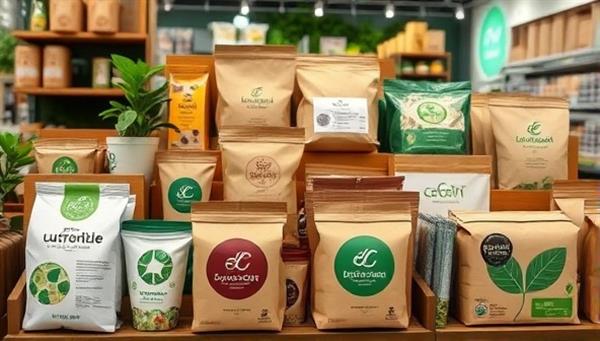 An array of sustainable packaging options displayed in a retail setting, featuring biodegradable materials and eco-conscious branding, conveying the message of sustainability and environmental responsibility in the packaging industry.