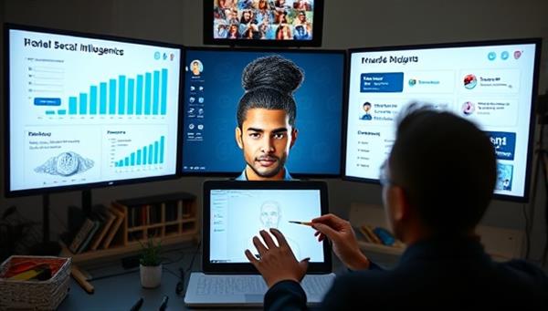A digital artist designing a virtual influencer avatar on a tablet, surrounded by screens displaying social media engagement metrics and brand collaborations, illustrating the creative and strategic process at VirtuFame Agency.