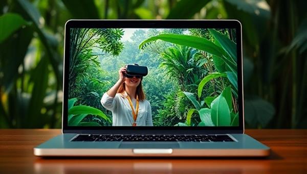 A laptop screen displaying a lush tropical forest in virtual reality, with a user wearing VR goggles and interacting with a local guide, capturing the essence of immersive virtual travel experiences.