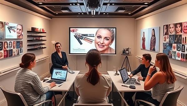 An immersive virtual classroom environment featuring a beauty expert conducting a makeup masterclass with interactive tools and live demonstrations, surrounded by virtual attendees engaging in the session, illustrating a dynamic and educational beauty learning experience.