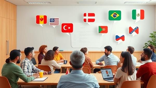 A virtual classroom setting with diverse avatars representing participants engaging in lively language conversations, with thought bubbles showcasing various flags and cultural symbols, fostering a dynamic and interactive learning environment.