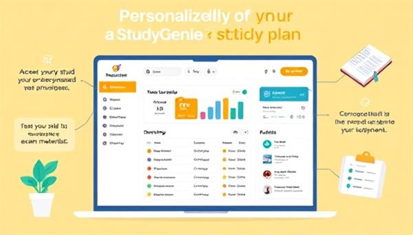 An illustrative graphic showing a user-friendly dashboard on the StudyGenie platform where individuals can access their personalized study plan, track progress, and interact with study materials, highlighting the convenience and effectiveness of personalized exam preparation with StudyGenie.