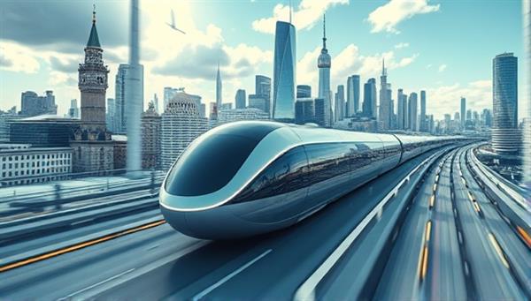 An artistic rendering of a hyperloop pod traveling at high speed through a futuristic urban landscape, passing by iconic landmarks and bustling cityscapes, showcasing the speed and efficiency of the hyperloop commuter system.