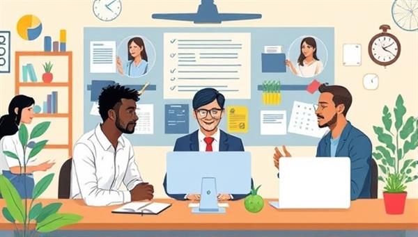 A dynamic digital illustration featuring a virtual productivity coaching session with a diverse group of clients organizing their tasks, setting goals, and boosting their efficiency, conveying a sense of focus, motivation, and accomplishment.
