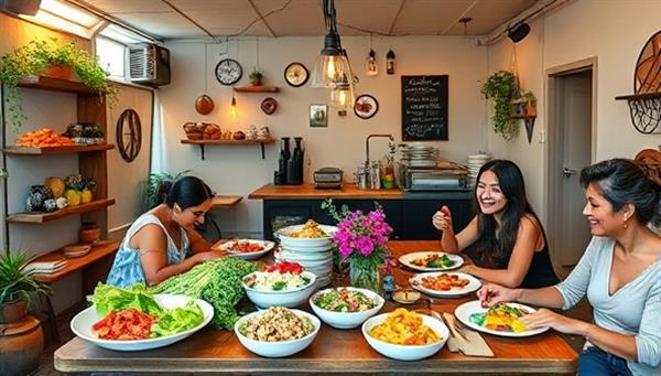 A charming pop-up bistro setup with colorful plant-based dishes, fresh ingredients on display, smiling diners enjoying vegan meals, and a cozy atmosphere that reflects sustainability and culinary creativity, inviting customers to experience the GreenEats ethos.