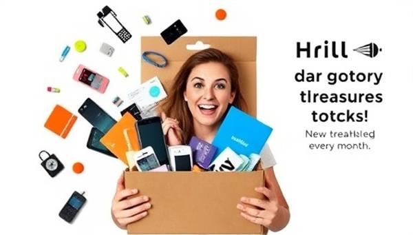An eye-catching subscription box design featuring a variety of telecommunications gadgets spilling out, a happy customer unboxing the contents with a surprised expression, and a tagline promoting the thrill of discovering new tech treasures every month, creating a sense of anticipation and delight.