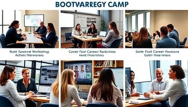 An engaging visual representation of a virtual career development bootcamp session, featuring young professionals participating in workshops, networking events, and mock interviews, with career coaches providing guidance and mentorship, fostering a dynamic and supportive learning environment for career growth.