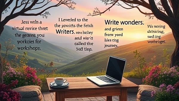 An enchanting digital landscape featuring a cozy writing nook with a laptop, a cup of tea, and inspirational writing quotes, inviting writers to embark on a virtual retreat journey filled with creativity, connection, and growth through WordWander