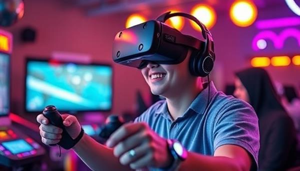 An eye-catching image of a customer wearing a VR headset and controllers, fully immersed in a thrilling virtual reality game environment, surrounded by futuristic gaming equipment and colorful lights, capturing the excitement and immersion of VR Quest.