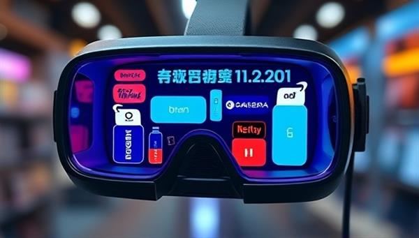 A virtual reality headset displaying a digital environment with seamlessly integrated brand products, creating a realistic and engaging VR experience for users, symbolizing the immersive nature of VR product placements on the platform.