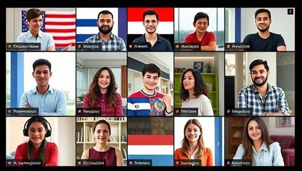 An interactive language exchange session featuring users from different parts of the world engaging in virtual conversations, language practice activities, and cultural sharing, creating a dynamic and diverse language learning community online.