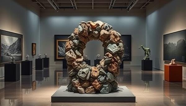 An artistic composition featuring a sculpture made from recycled mining waste, displayed in a modern gallery setting, symbolizing the transformation of waste into valuable and aesthetically pleasing creations.