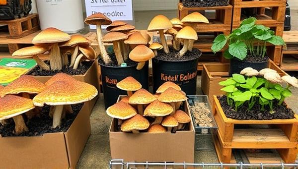 An artistic display showcasing a variety of gourmet mushrooms growing in creatively upcycled containers like coffee grounds, cardboard boxes, and pallets, highlighting the eco-friendly farming approach and unique product presentation.