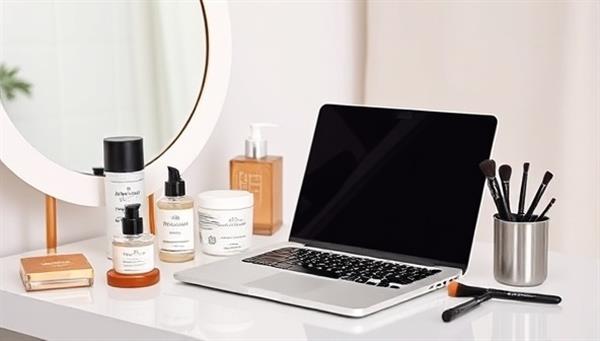 A sleek and modern virtual beauty consultation setup with a laptop, skincare products, makeup brushes, and a mirror, creating a chic and professional ambiance for online consultations.