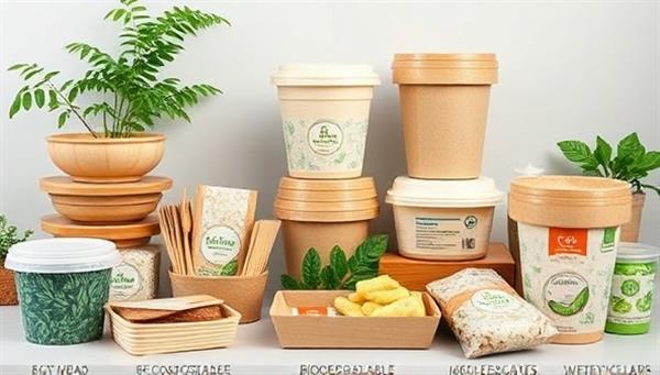 An assortment of eco-friendly food packaging products, including compostable containers, biodegradable cutlery, and recyclable wraps, displayed in a modern and eco-conscious setting, emphasizing the brand
