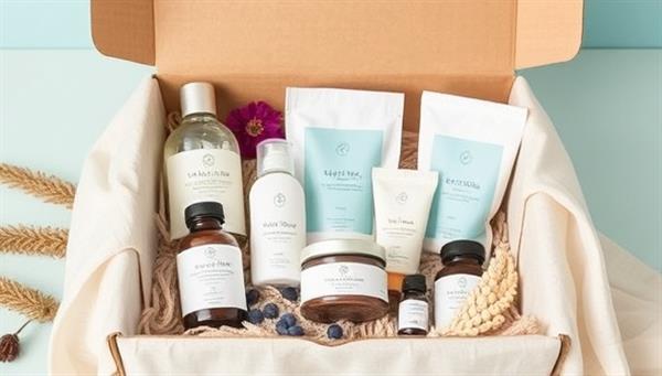 An assortment of wellness products elegantly arranged in a subscription box, featuring calming colors and natural elements like dried flowers and organic materials, creating a sense of tranquility and self-care.