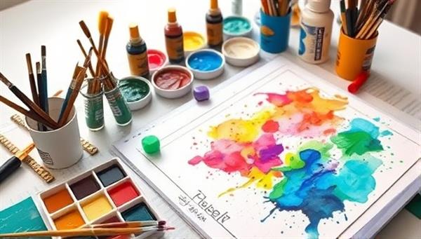 An artful workspace with colorful paints, brushes, and a completed artwork displayed on a table, evoking a sense of creativity, healing, and self-discovery, capturing the essence of art therapy.