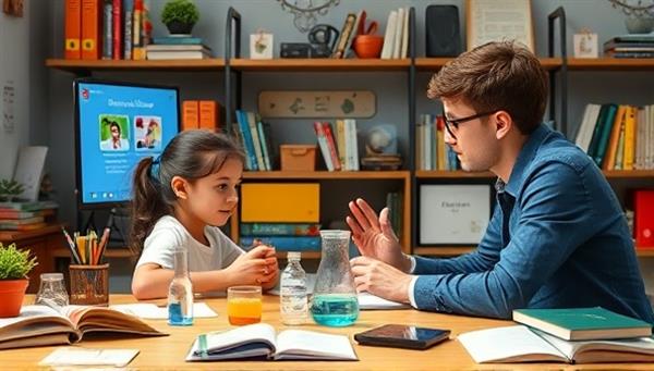 An engaging virtual STEM tutoring session scene with a student working on a science experiment guided by a knowledgeable tutor on a video call, surrounded by educational tools, books, and digital resources, fostering a love for learning and exploration.