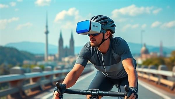 An immersive VR scene with a cyclist wearing a headset, pedaling through a digital representation of a scenic cycling route, with iconic landmarks in the background, evoking a sense of exploration and adventure.