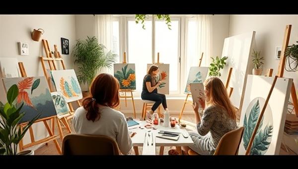 A serene virtual art therapy studio with participants engrossed in painting, drawing, or sculpting, surrounded by art supplies, nature elements, and soothing colors, creating a tranquil and healing environment for artistic self-expression and emotional release.