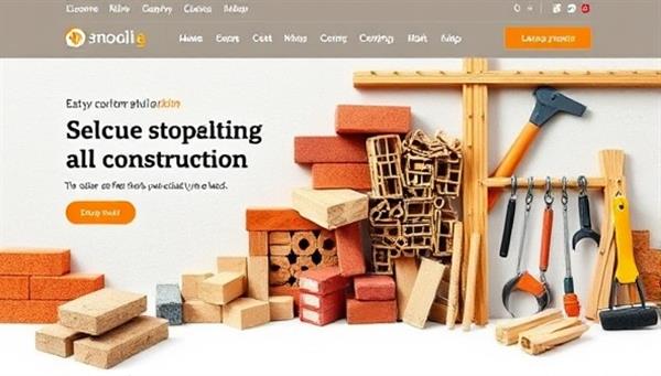 An engaging website interface displaying a variety of construction materials like bricks, wood, and tools, with a user-friendly design that facilitates easy navigation and secure online transactions, creating a one-stop-shop for all construction needs.
