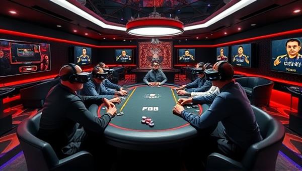 An immersive virtual reality poker room scene on the PokerVR Lounge platform, featuring players seated around a virtual poker table, interacting with lifelike avatars, and engaging in intense poker gameplay, capturing the social and competitive essence of the VR poker experience.