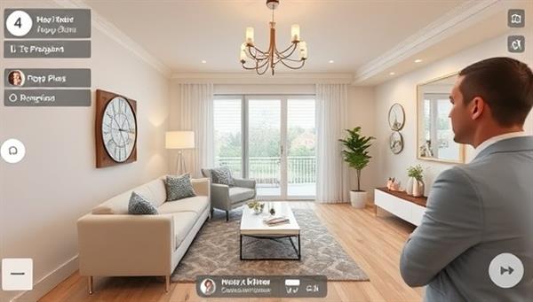 An engaging virtual property tour scene showcasing a beautifully staged home interior, guided by a real estate agent through a virtual tour platform, with interactive navigation tools, floor plans, and property details overlay, creating a seamless and immersive virtual property viewing experience for prospective buyers and renters.