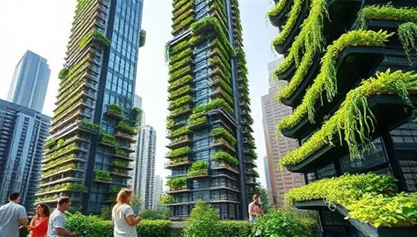 An urban landscape featuring modern skyscrapers with integrated vertical farming structures on their rooftops and balconies, lush greenery cascading down the buildings, and people harvesting fresh vegetables, illustrating the concept of sustainable urban agriculture through vertical farming innovations.
