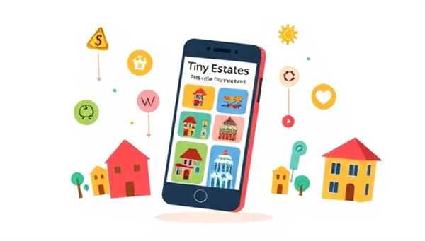 An illustration of a mobile phone displaying the Tiny Estates app interface, with colorful graphics representing different real estate properties available for micro-investment, surrounded by playful icons symbolizing accessibility and diversity in real estate investment options.