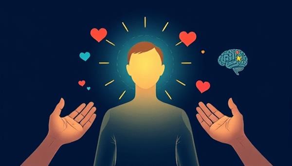 An evocative illustration of a person surrounded by supportive symbols like hands offering comfort, a heart symbolizing care, and a brain demonstrating mindfulness, conveying the emotional support and healing provided by MindMend