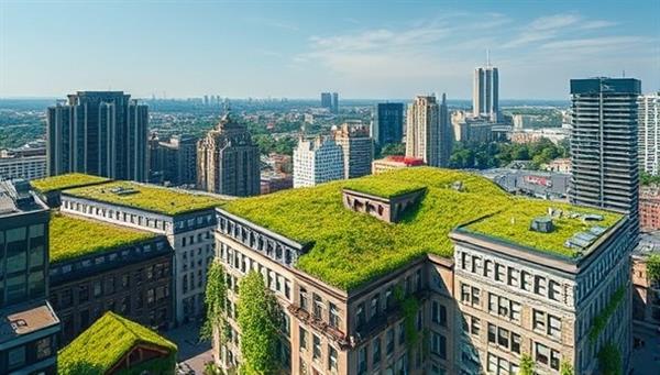 An aerial view of a cityscape with buildings adorned with lush green roofs, showcasing the aesthetic and environmental benefits of green infrastructure in urban environments, against a backdrop of blue skies and clean air.